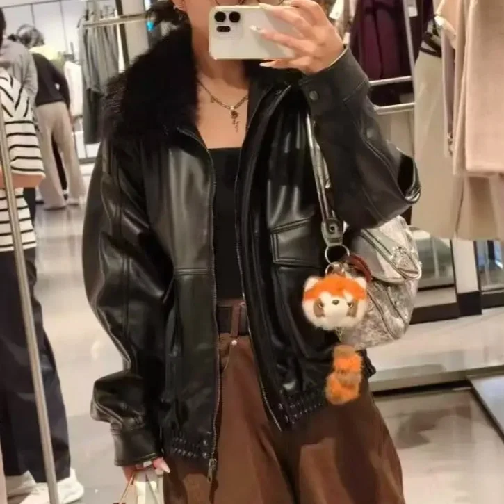 

Original 2025 New women's clothing, European and American style detachable fur collar double pocket PU leather jacket