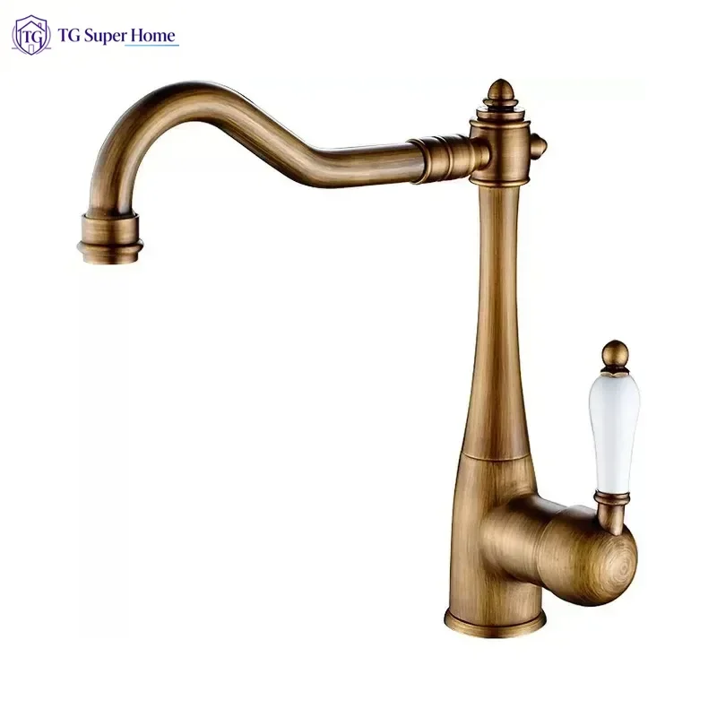 European Antique Brass Kitchen Faucet, Gold Ceramic Handle 360° Swivel Hot Cold Water Tap, Retro Rotatable Sink Basin Mixer Tap