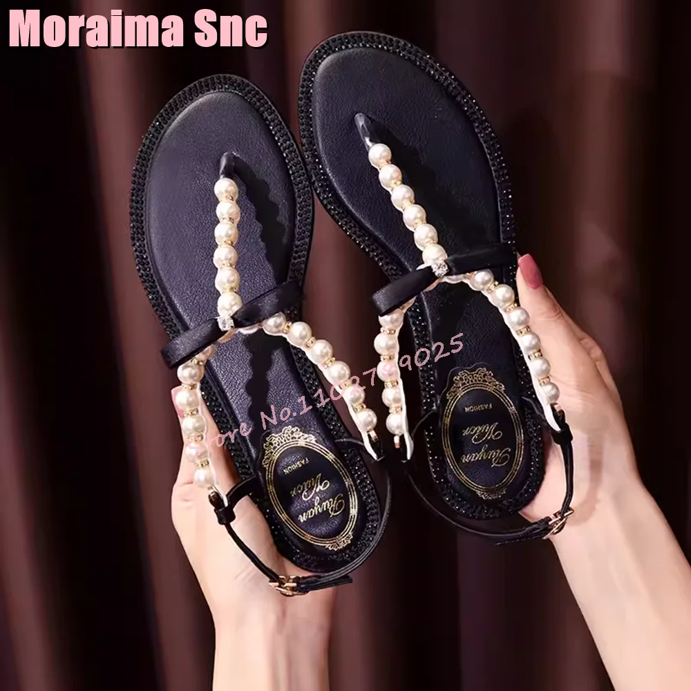 Pearl String Bead Butterfly knot Sandals Clip Toe Flat With Crystal Trim Ankle Buckle Strap Fashion Women's Shoes Summer 2024