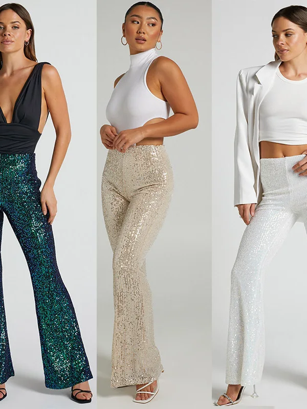 Damskie spodnie z wysokim stanem i szerokimi nogawkami, brokatowe spodnie codzienne, rozszerzane spodnie sceniczne, długie spodnie jesienno-zimowe, modne, z włókna poliestrowego.