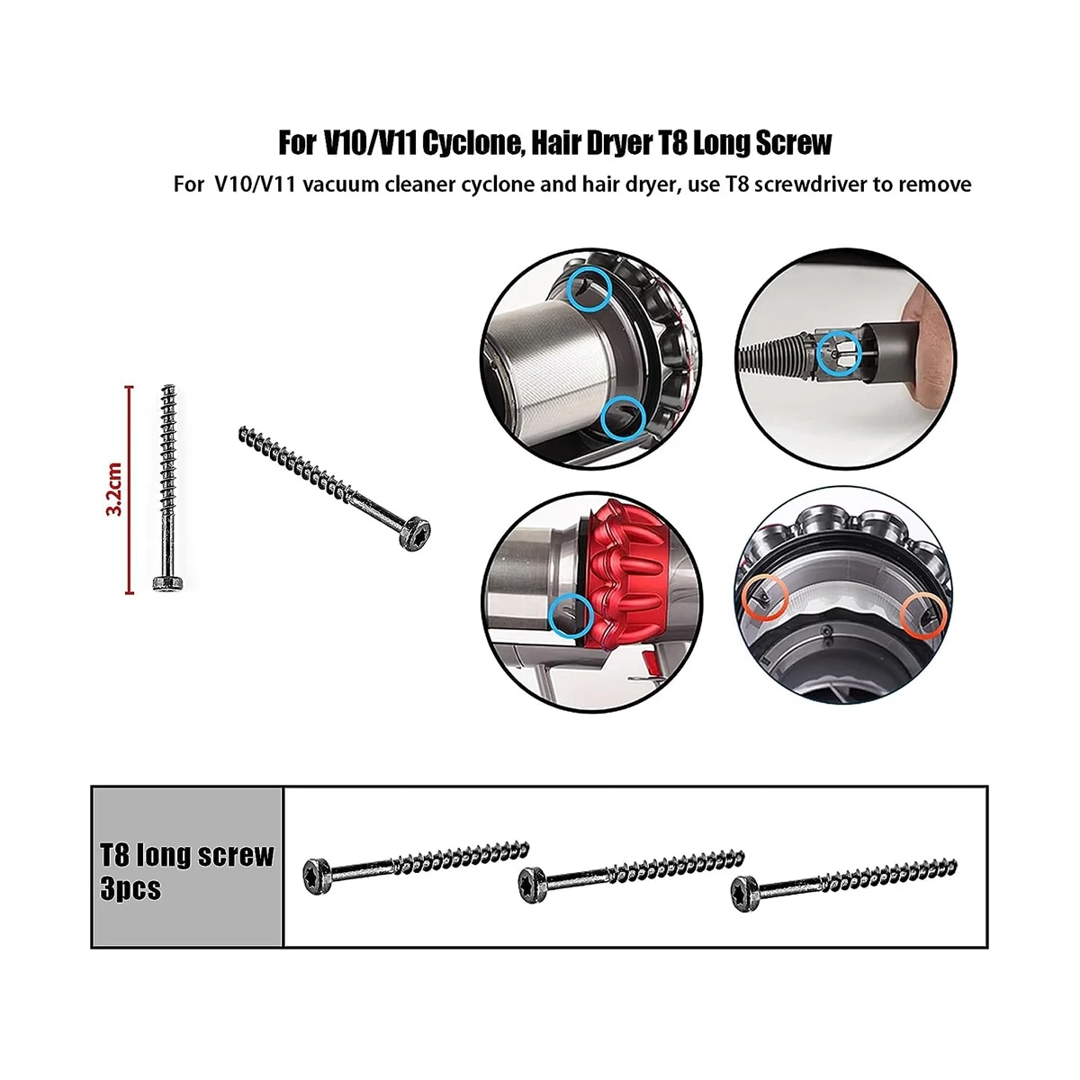 18Pcs Screw Set for Dyson V6 V7 V8 V10 V11 Vacuum Cleaner, Universal Phillips Screws + T8 Screw + T8 Long Screw