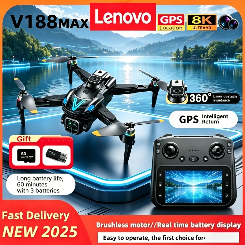 

Professional Camera Aerial FPV Brush Avoiding Obstacle, Remote Control Folding Dron with Screen, Lenovo V188MAX GPS 8K Drone.