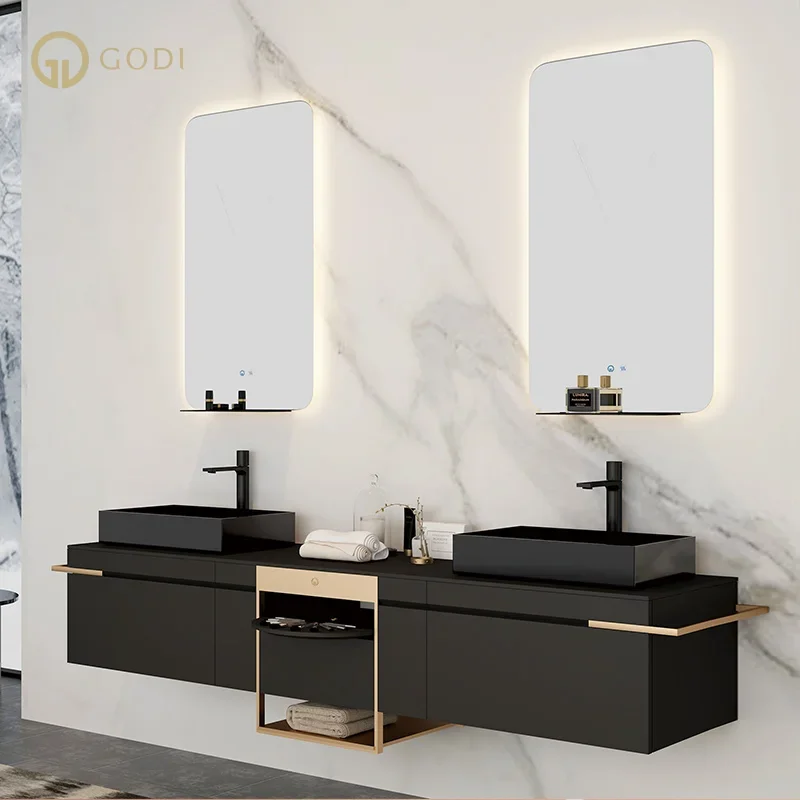 

GODI Modern elegant high end luxury Wall Mount bathroom cabinet vanity with Sink for bathroom designed by Switzerland designer