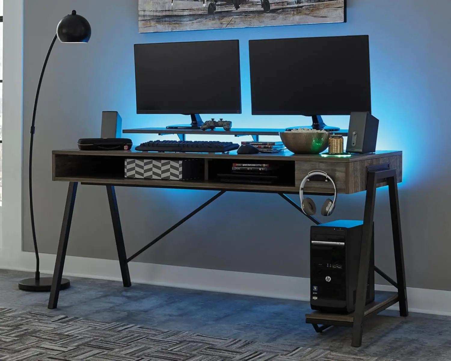 

Signature Design by Ashley Barolli Home Office Gaming Desk with Multiuple LED Back Lights, Grayish Brown