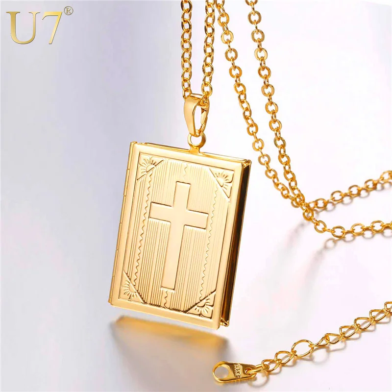 U7 Cross Locket Necklace Silver/Gold Color Trendy Jewelry Memory Photo Locket Necklaces Pendants For Women/Men Gift P316