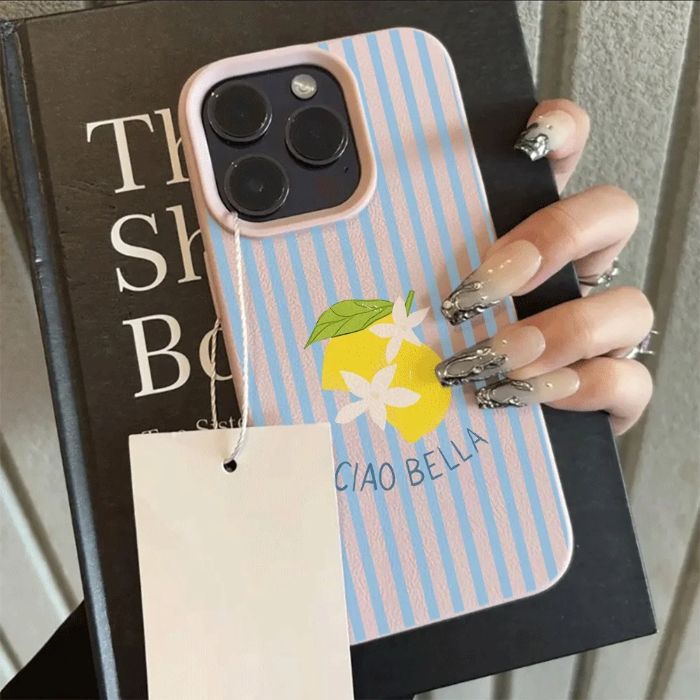 Koreanischer Stil Blaue Streifen Zitronen-Print Handyhülle für iPhone 17 16 15 14 13 12 11 Pro Max Plus 17 XR Silikon Matt Weiche Hülle – Detail 8