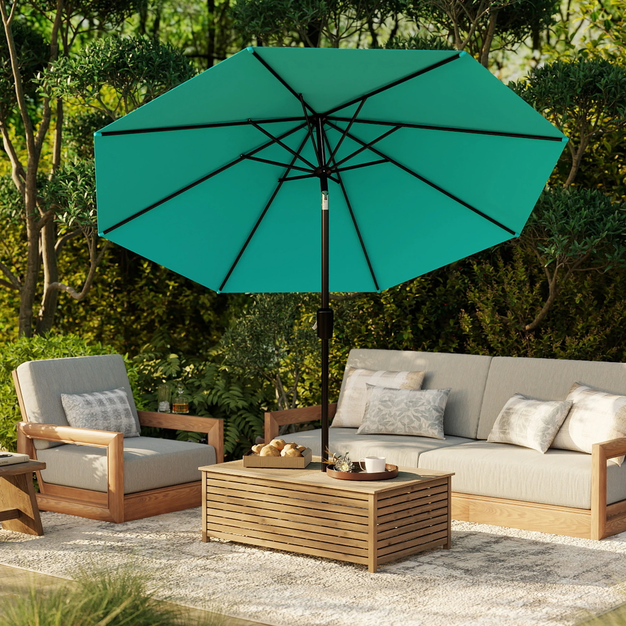 9FT Patio Market Umbrella 8 Sturdy Ribs Crank Lift Push Button Tilt Waterproof UV Protection Outdoor Table Umbrella