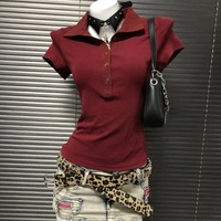 Y2K Fashion Simple Red Pure Cotton POLO Collar Short Sleeve T-shirt Harajuku Retro Elasticity Slim Women's Clothing Casual Top