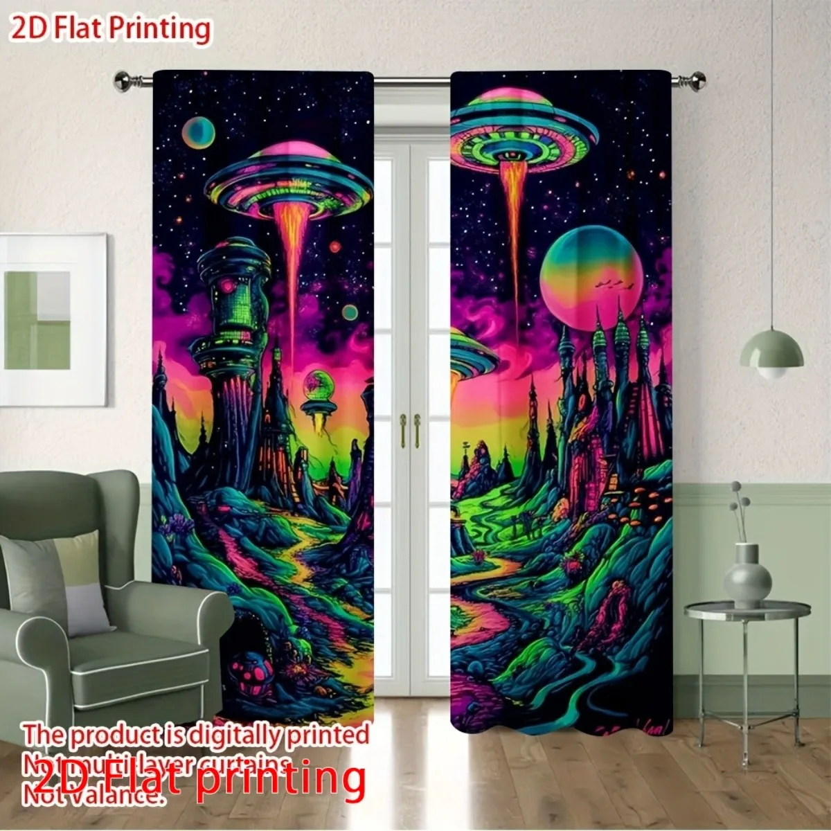 Psychedelic UFO Alien Landscape Curtains, Neon Sci-Fi Space Print Blackout Drapes, Retro Futuristic Decor for Bedroom Game Room