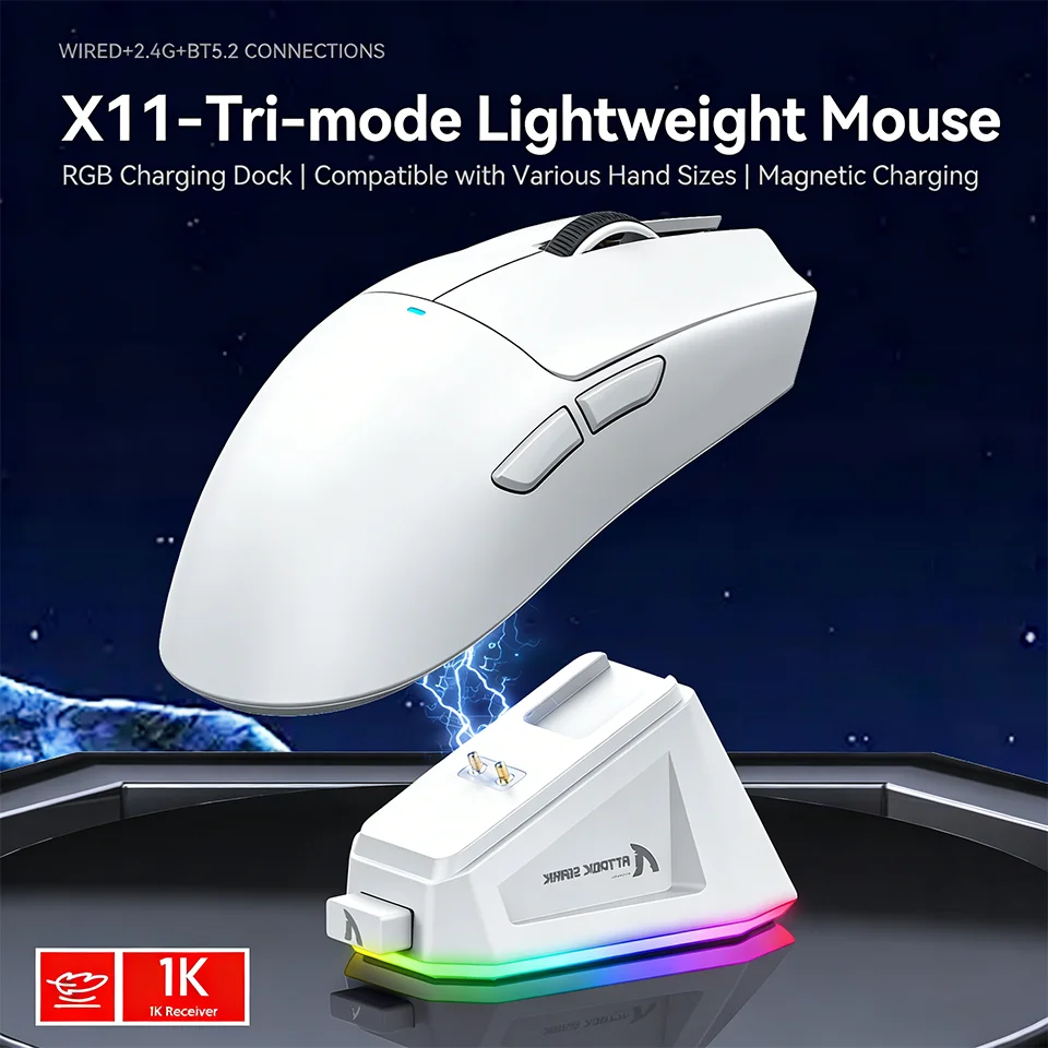 

Игровая мышь 2.4G с 3-скоростной регулировкой DPI, беспроводная, эргономичный дизайн, 2 режима подключения, магнитная зарядная док-станция, новинка 2026 года