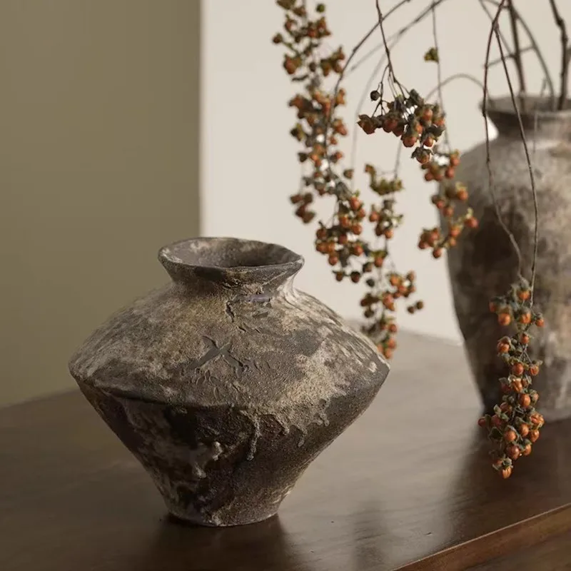 Ceramic Vase Coarse Ceramic Vase Flower Arrangement Retro Handmade Wabi Sabi Style Dry Flowers Zen Flower Arrangement