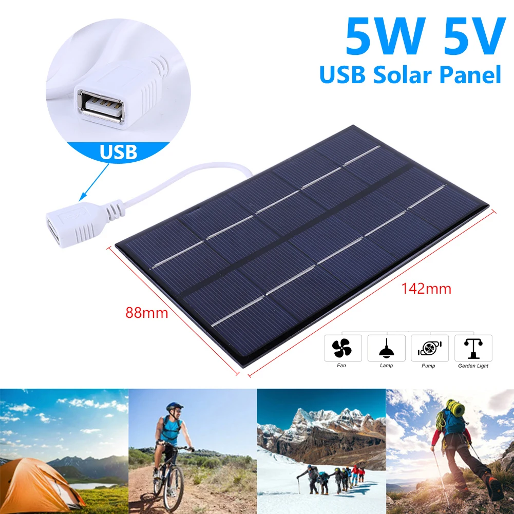 5W 5V Solar-Ladepanel, Polysilizium, USB-Photovoltaikzellen, Solarplatte zum Aufladen von 3–5V-Batterien/Handys für Camping im Freien