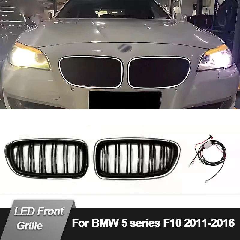 Car Black LED Racing Grills For BMW 5 Series F10 F11 F18 520d 530d 540i 2010-2017 Dual Line Front Grille Grill