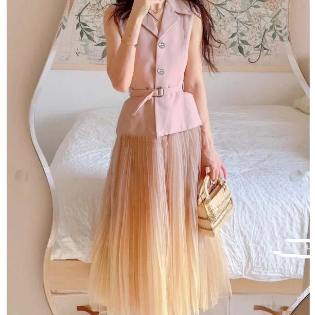 Business Style Women's Suit Set with Half Skirt And Mesh Top Two-Piece Summer New Arrival by Laiyitiao Lightweight Polyester