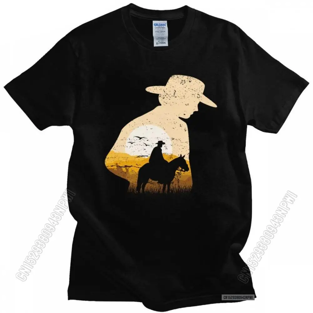 Cowboy Sunset Horse Riding T Shirt For Men Pure Cotton Stylish T-Shirt Short Sleeves Equestrian Rider Tee Tops Streetwear