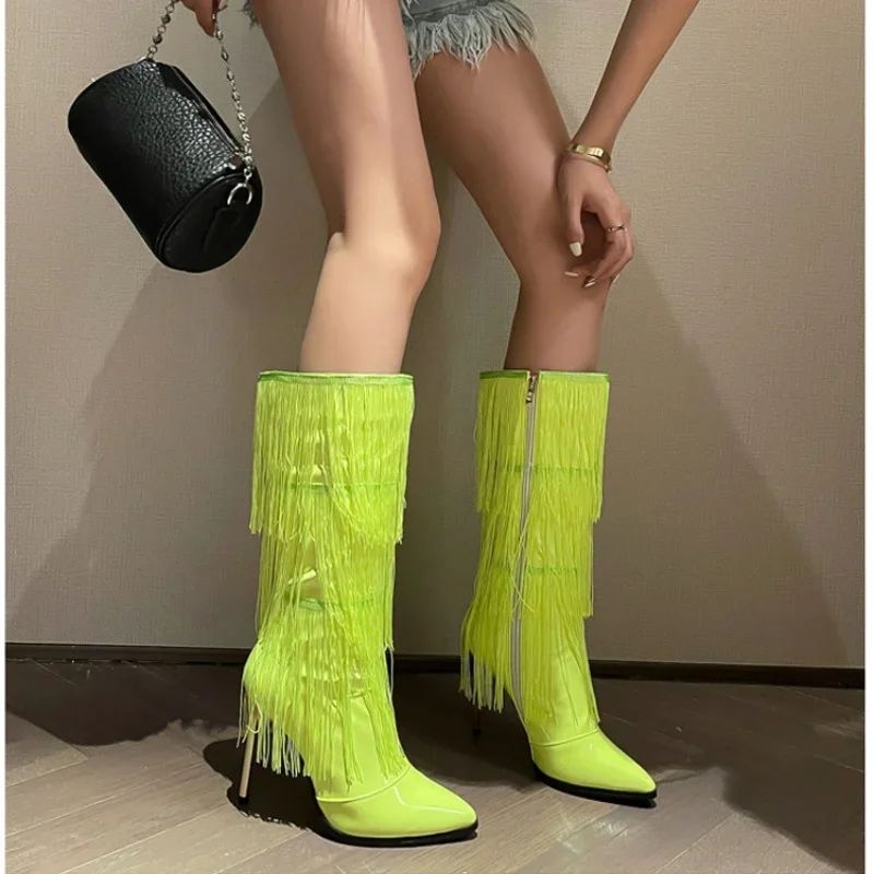 

Modern Show Patent Leather Boots Fringe Pointed Toe Thin Super High Heel Solid Feather Knee-high Boots Side Zipper Women Shoes