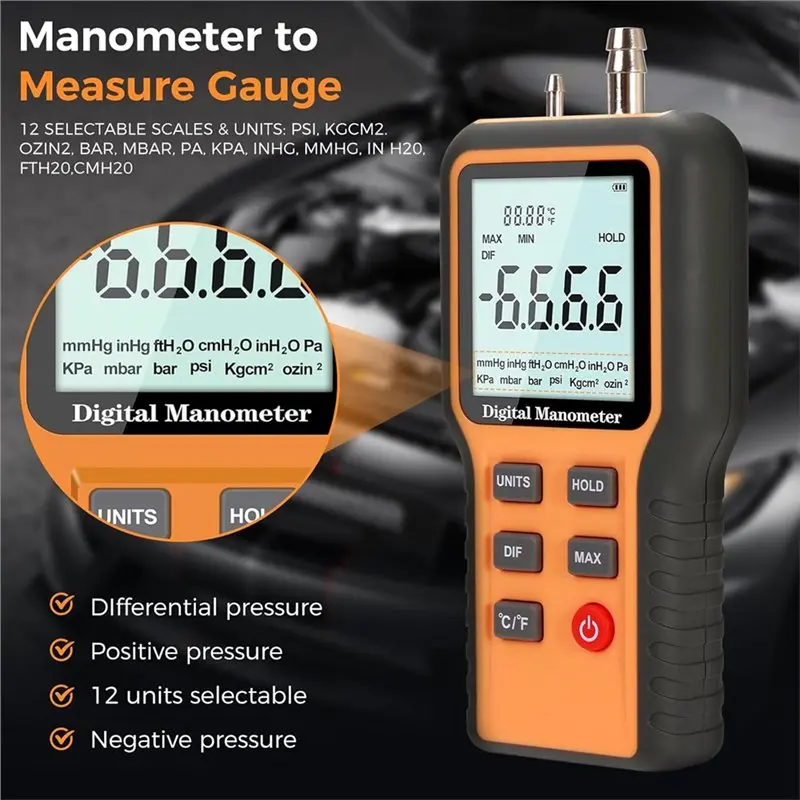 AT21-HVAC Digital Manometer, Professional Air Pressure Meter, Gas Pressure Tester(± 20.68Kpa), Included Battery