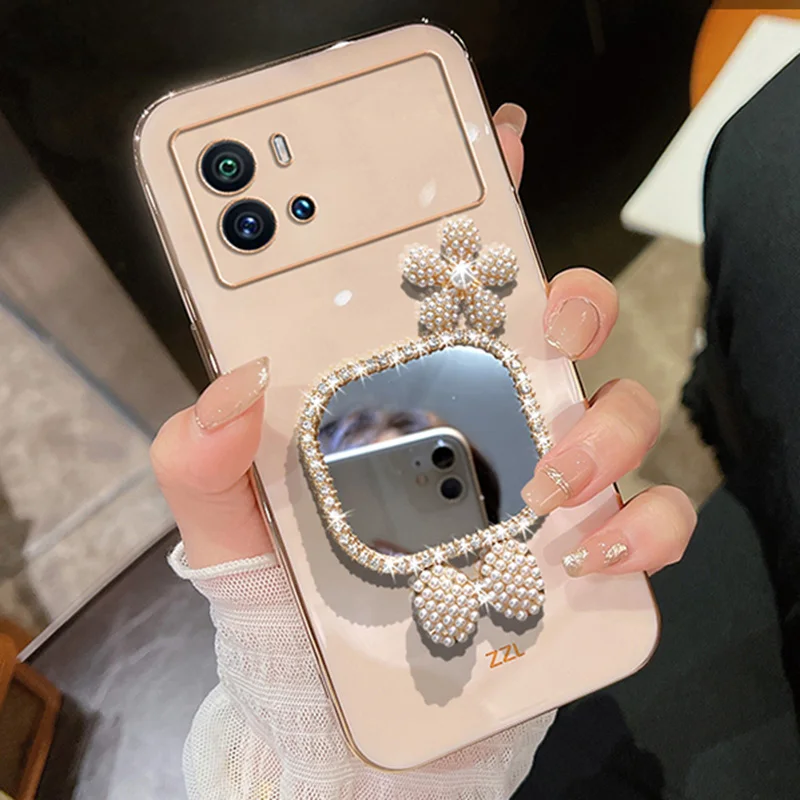 

Cute Bow Pearl Plating Case For Moto G22 E20 G30 G10 G20 E40 E30 Motorola G50 5G G60 E7 Plus E6S G9 G8 Bow Square Mirror Cover