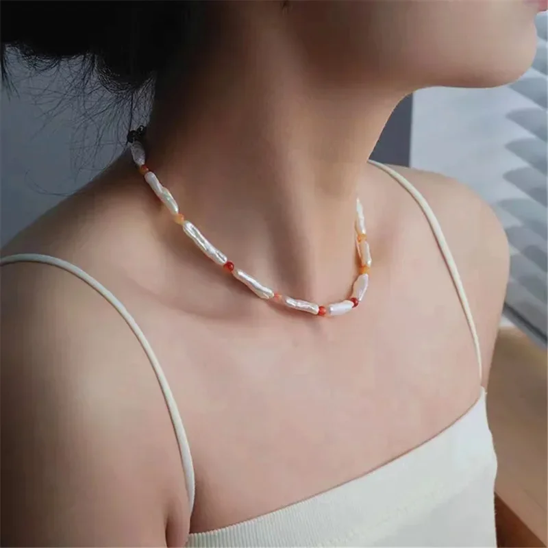 Kalung Choker mutiara asli tidak beraturan alami rantai panjang perhiasan mutiara barok persegi panjang untuk hadiah pertunangan pengantin wanita