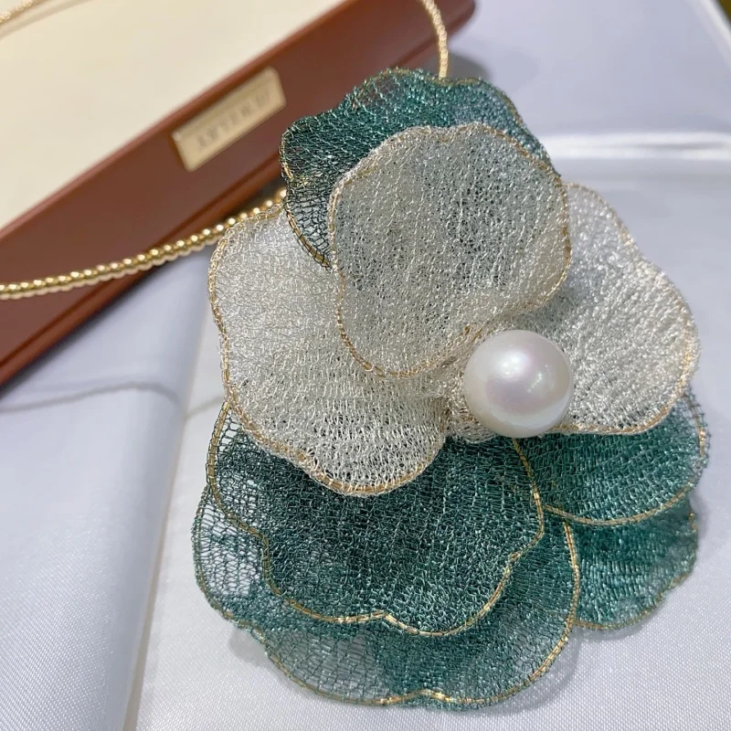 SGARIT Trending Pearl Jewelry DIY Italian Craftwork Green Flower Lace 13-14mm 14k Gold Filled Natural Pearl Chocker Jewellery