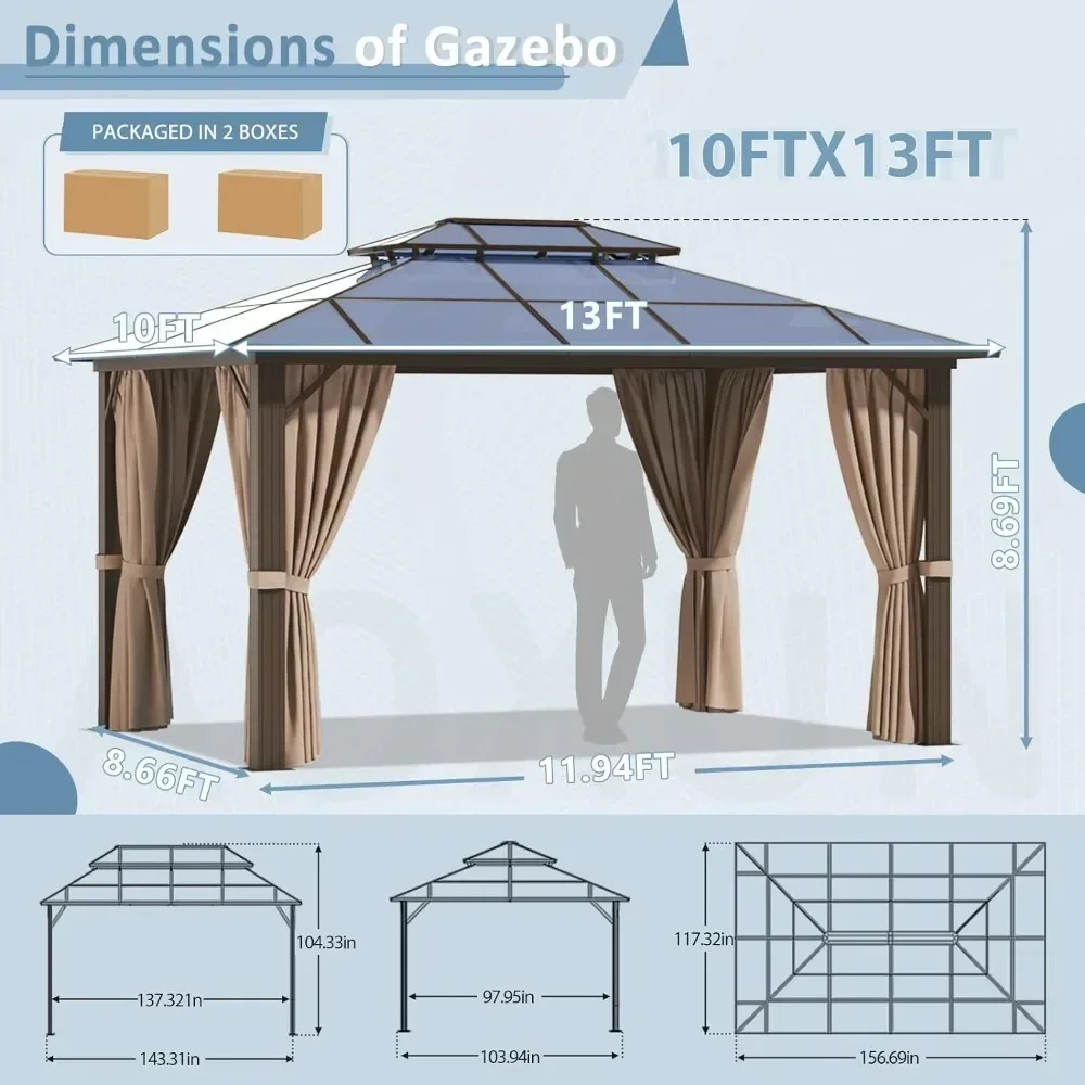 Gazebo de Patio al aire libre de 10 'x 13', Gazebo de doble techo con marco de aluminio, pabellón permanente y cortinas y Red, Gazebo de Patio