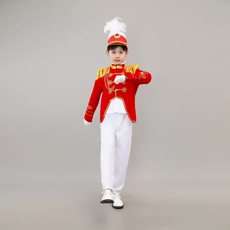 Kids Honor Guard Trumpet Team Costume Soldier Uniform Hat Honor Guard Uniform-Primary and Secondary School Student Drum Uniforms