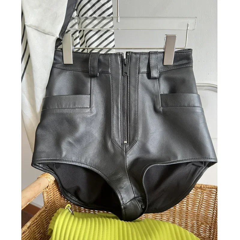 

2025 Autumn Winter Europe Style High Waist Women's High Quality Sheepskin Genuine Leather Pockets Short Pants