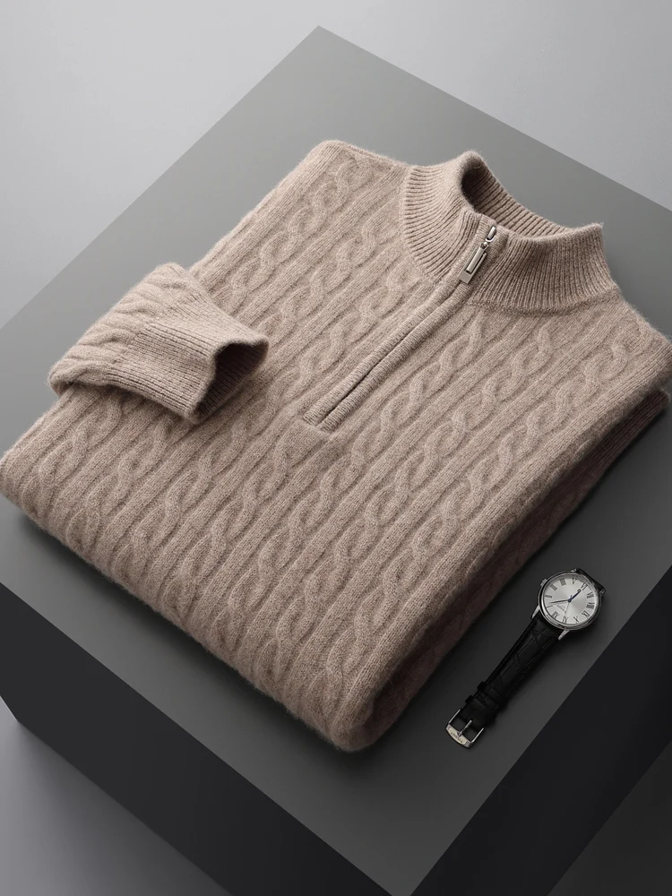 Autumn Winter Men's Jacquard Zipper Pullover 100% Merino Wool Knitwear Solid Color Thick Smart Casual Sweater Warm Soft New Top