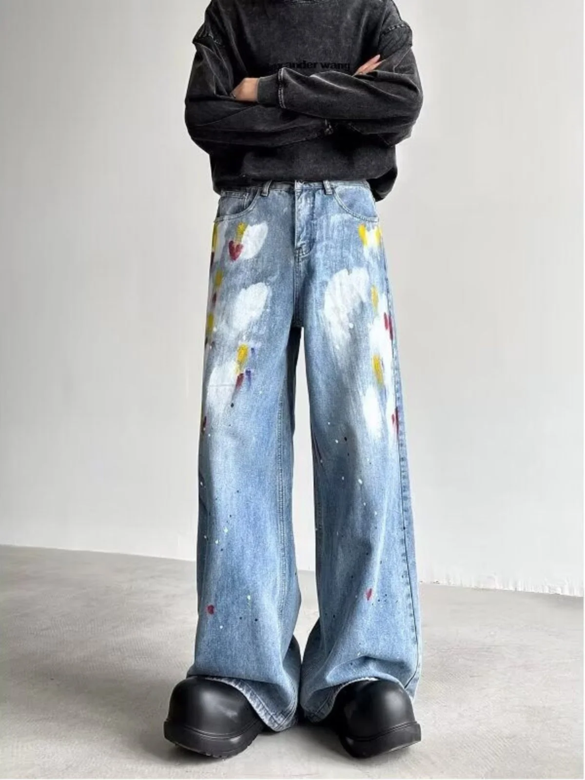 

Повседневные свободные мужские джинсы с принтом в горошек, в стиле хип-хоп, прямого кроя, в американском стиле, универсальные, широкие брюки