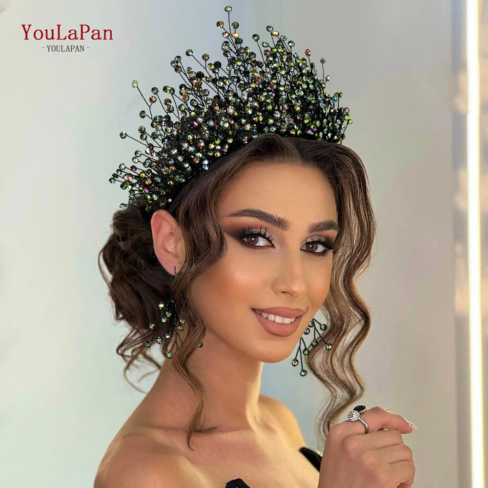 

YouLaPan Luxury Black Colorful Rhinestone Bridal Crown Wedding Tiara Vintage Hair Jewelry Handmade Sparkling Headpiece HP846