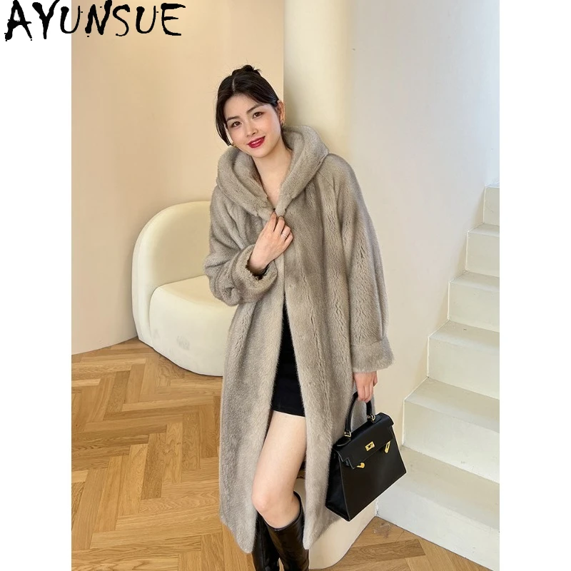 AYUNSUE 고품질 밍크 퍼 코트 여성 신상품 롱 겨울 코트 여성 우아한 아우터웨어 여성 의류