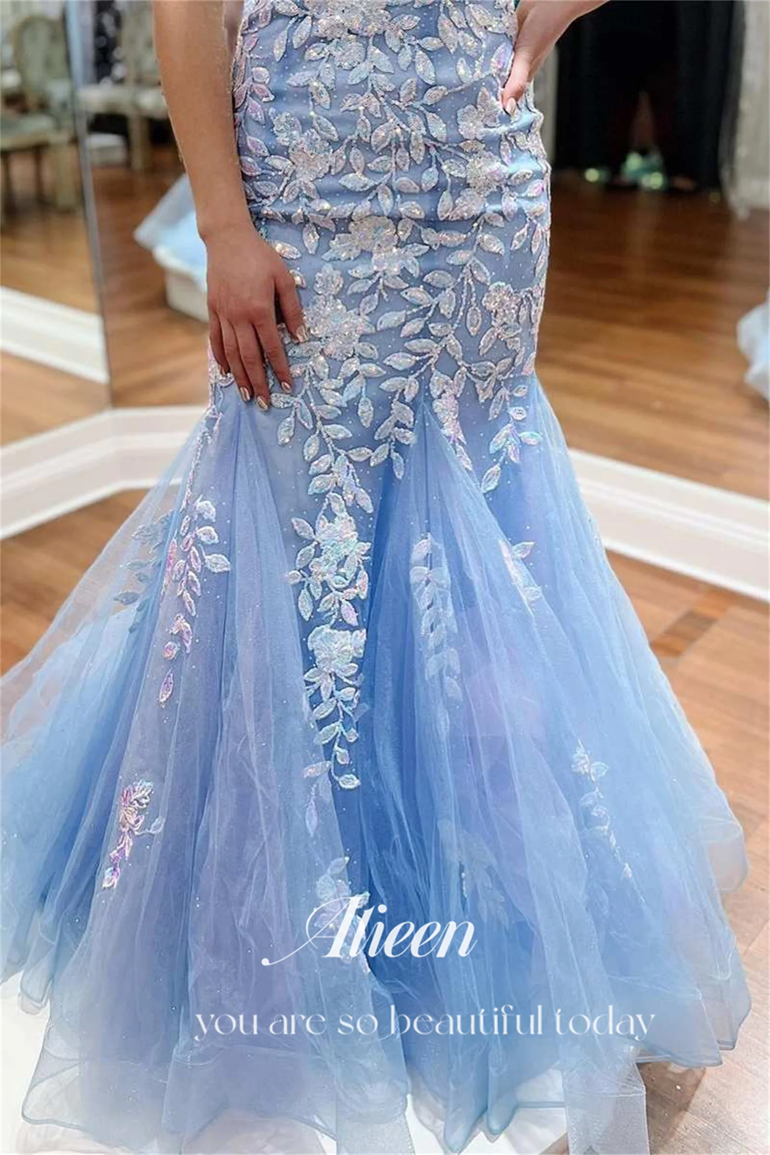 Aileen Sky Blue Appliqué Lace Backless V-neck Women Evening Dress Graduation Gown Dresses Luxury Woman Gala 2023 Women\'s Party