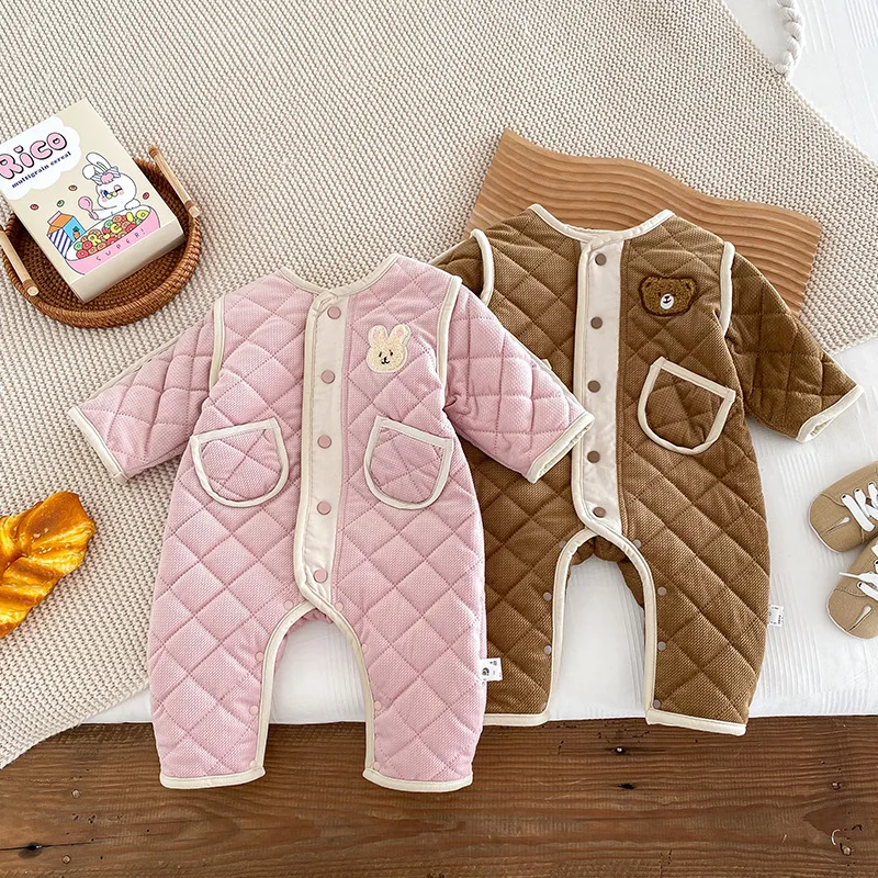 Autumn Winter Infant Boys Jumpsuit Cotton Quilted Cartoon Thickened Warm Baby Boys Rompers 0-2 Years Newborn Boys Outfits