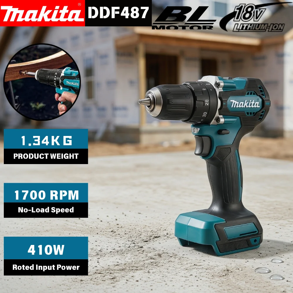 Аккумуляторная бесщеточная дрель-шуруповерт Makita DDF487 18В, эргономичная, для монтажных работ и ремонта