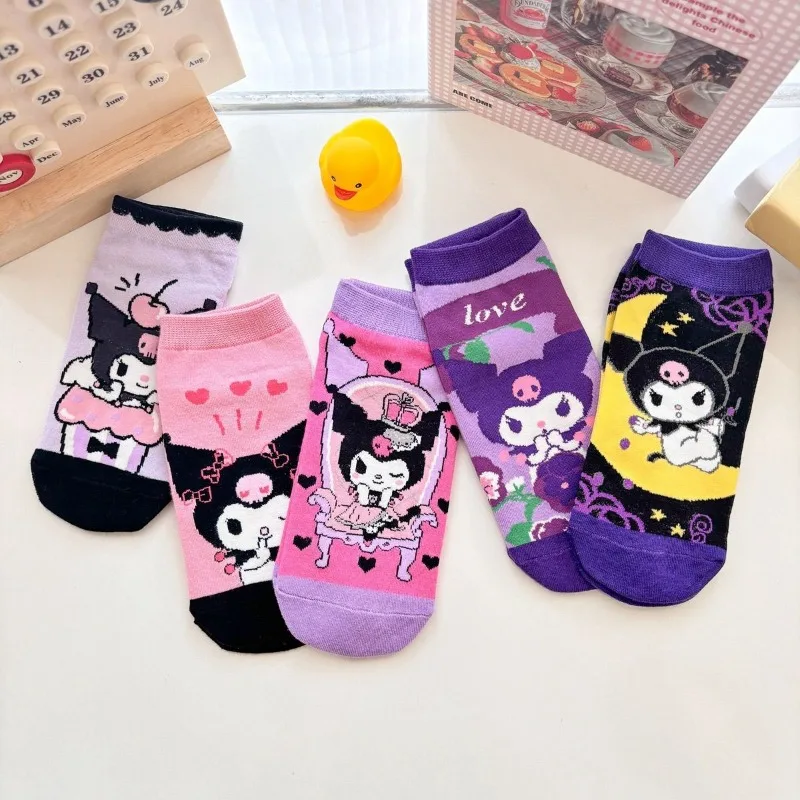 

5 Pairs of Kawaii Sanrio Socks Kuromi Cartoon Animation Cute Socks Cotton Soft Breathable Spring Autumn Winter Girls Boat Gift