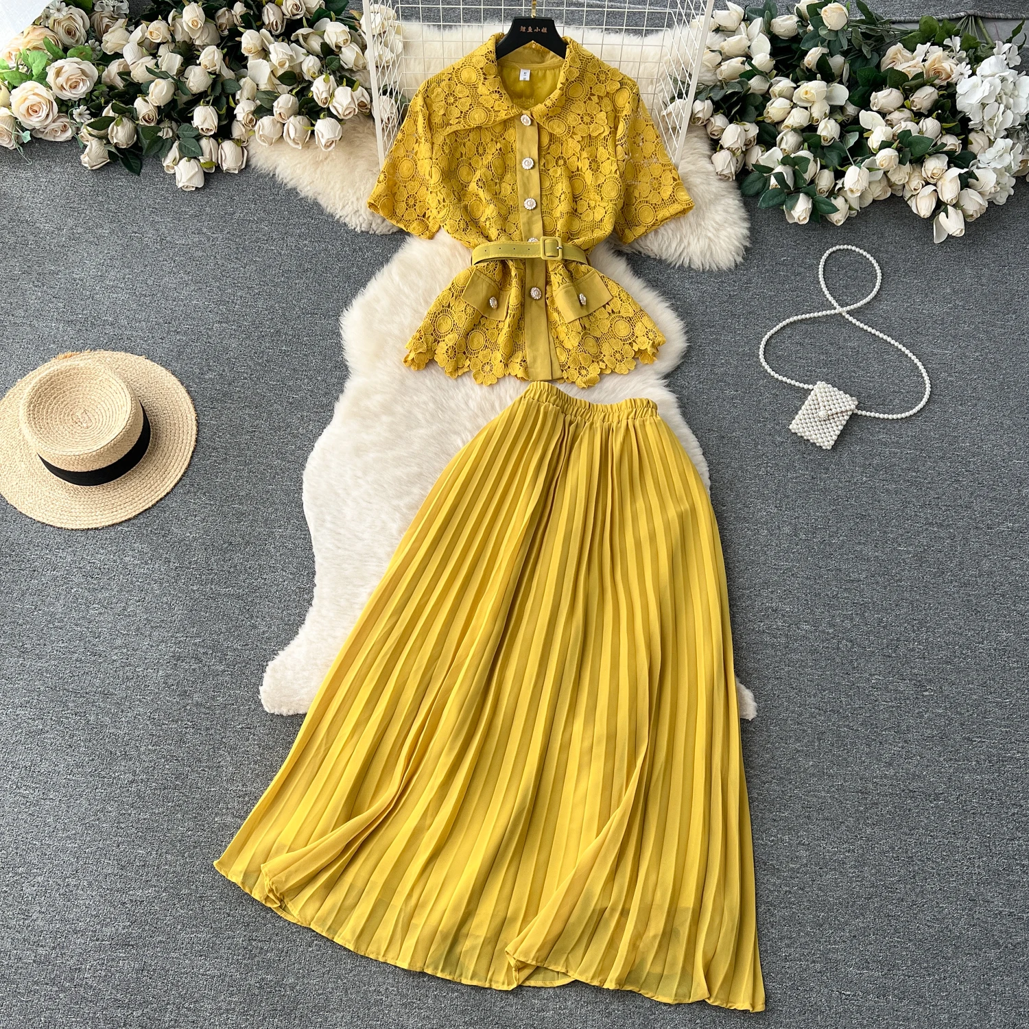 Women Chic French Two Pieces Sets Lapel Short Sleeve Shirt Elegant High Waitst A-line Pleated Skirt Chiffon Fashion  Summer Sets