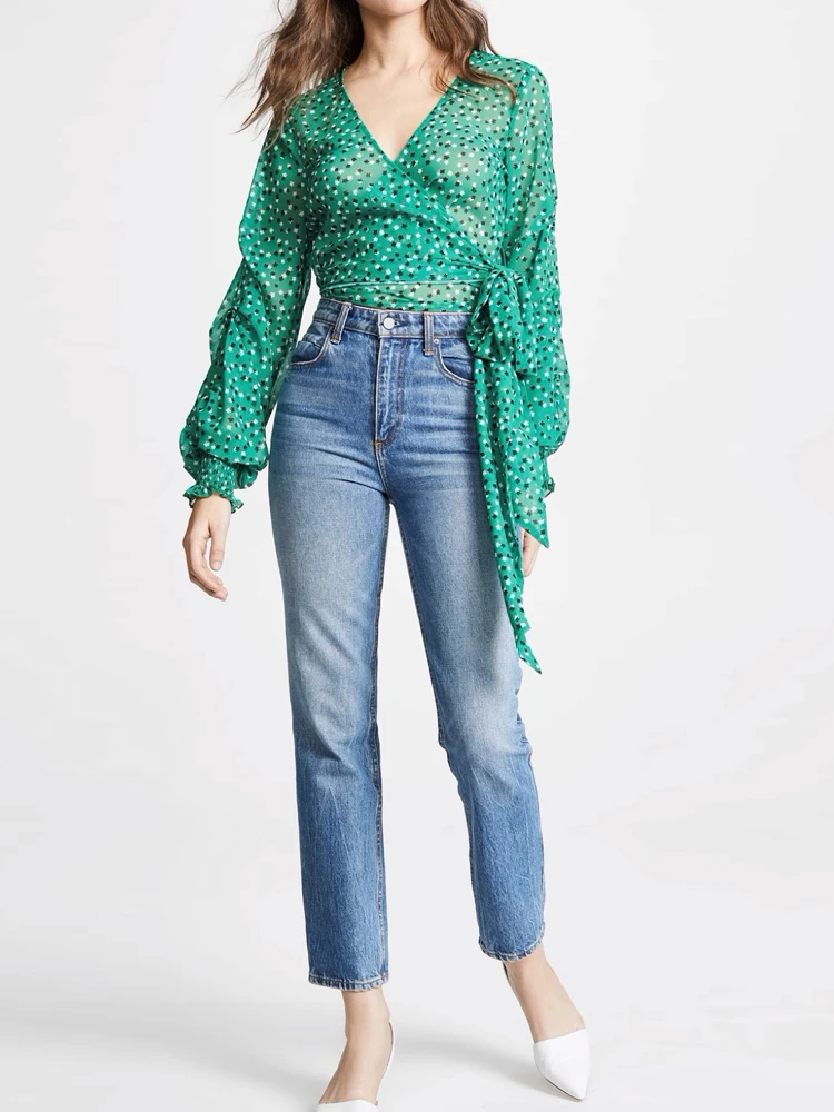 

Женская шифоновая блузка с цветочным принтом, ретро, летняя, с защитой от солнца, V-образный вырез, завязки, длинный рукав, зеленый цвет, повседневный стиль, приталенный крой