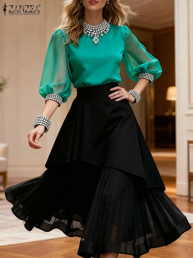 ZANZEA Elegant Autumn Office Lady Skirts Stylish Jupes Woman Mesh Patchwork Skirt Solid A Line Party Faldas Saia Pleated Robe