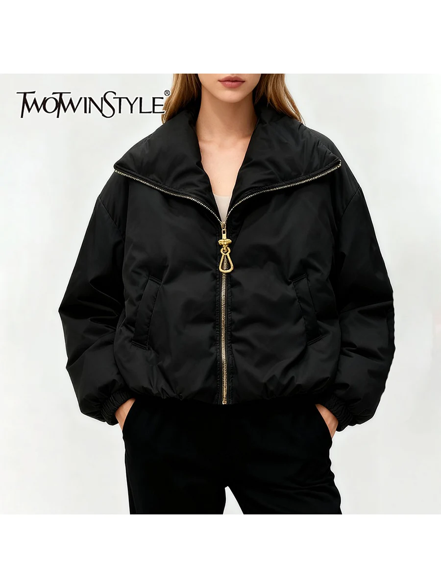 

TWOTWINSTYLE однотонные свободные базовые стеганые пальто на молнии для женщин с лацканами и длинными рукавами модное короткое пальто женское осеннее новое