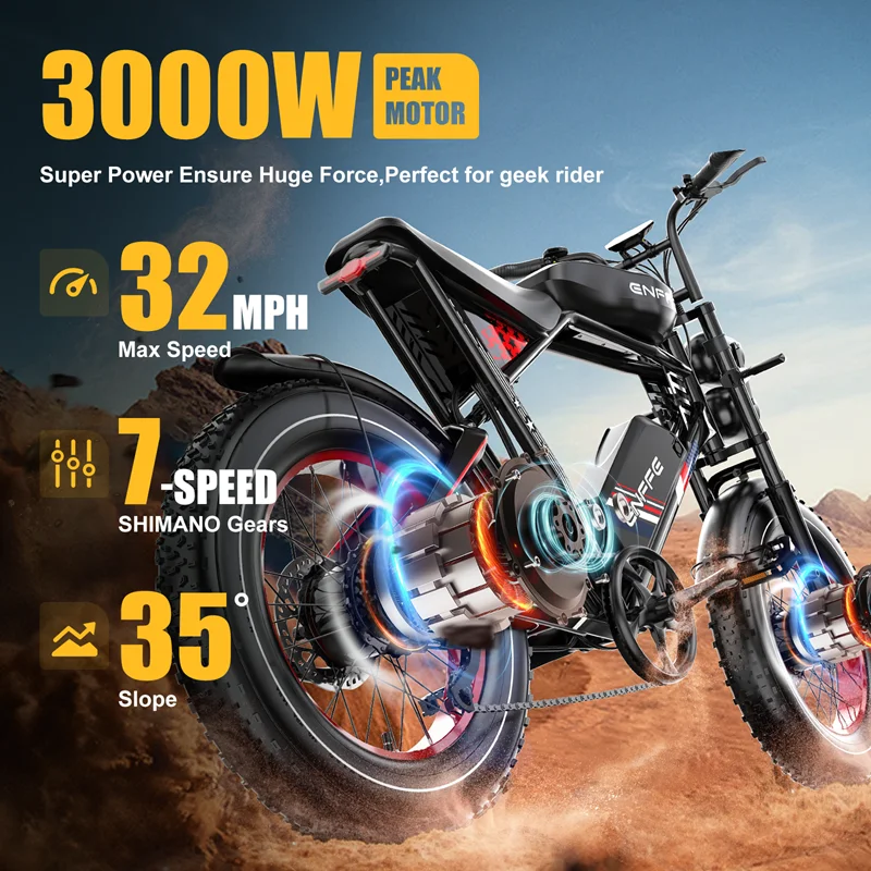 

Электрический велосипед Enffe ES2D с двигателем для взрослых, 3000 Вт, 7-скоростной электронный велосипед до 32 миль в час, дальность действия 200 мили, 48 В, 45 Ач, литиевая батарея, электрический велосипед