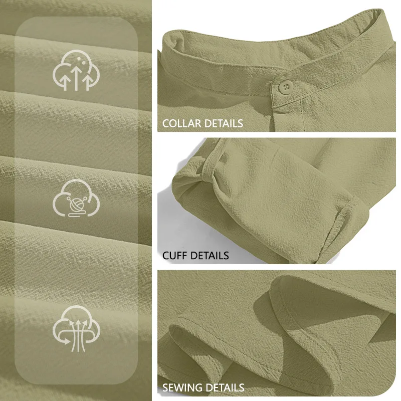 Men's Stand-up Collar Solid Color Long-sleeved Cotton and Linen Half-buckle Casual Sports Loose Texture Breathable Cw58880