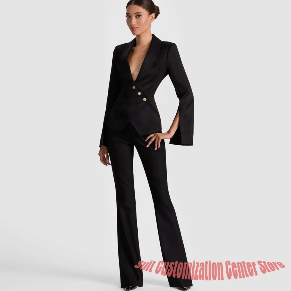 Black Slim Fit Women's Sets Single Breasted Shawl Lapel Blazer Pants Set Business Office Lady 2Piece Ensemble Professional Looks