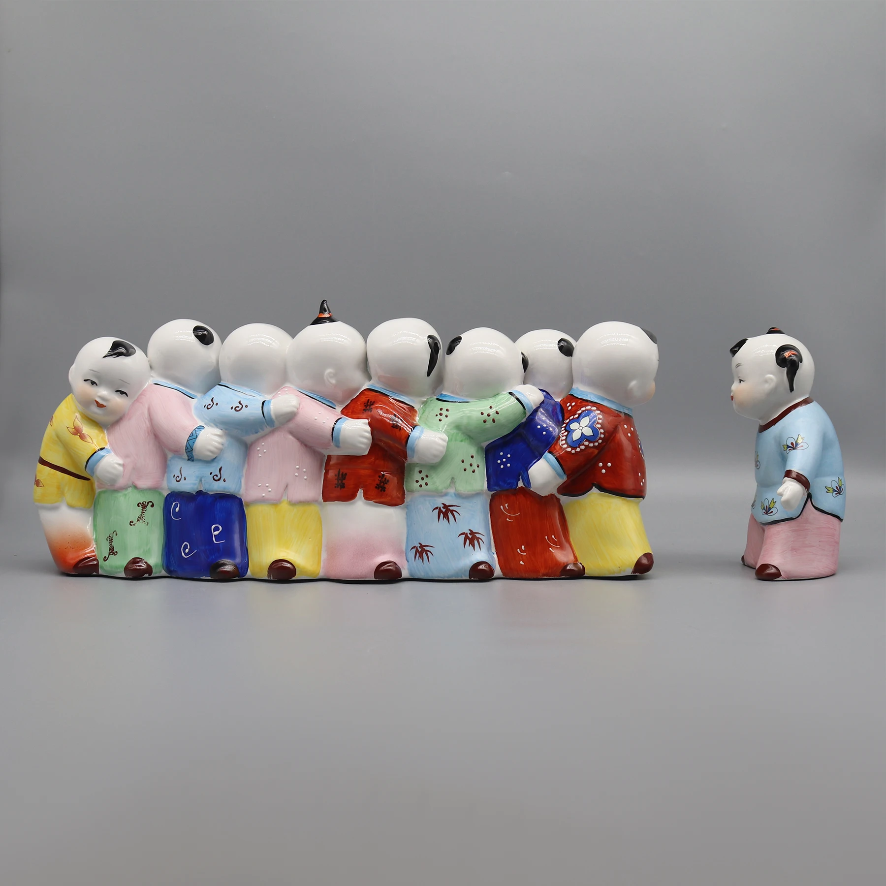 Colorful ceramic figurine, Hand painted ceramic artwork, The game Eagle Catches Chickens
