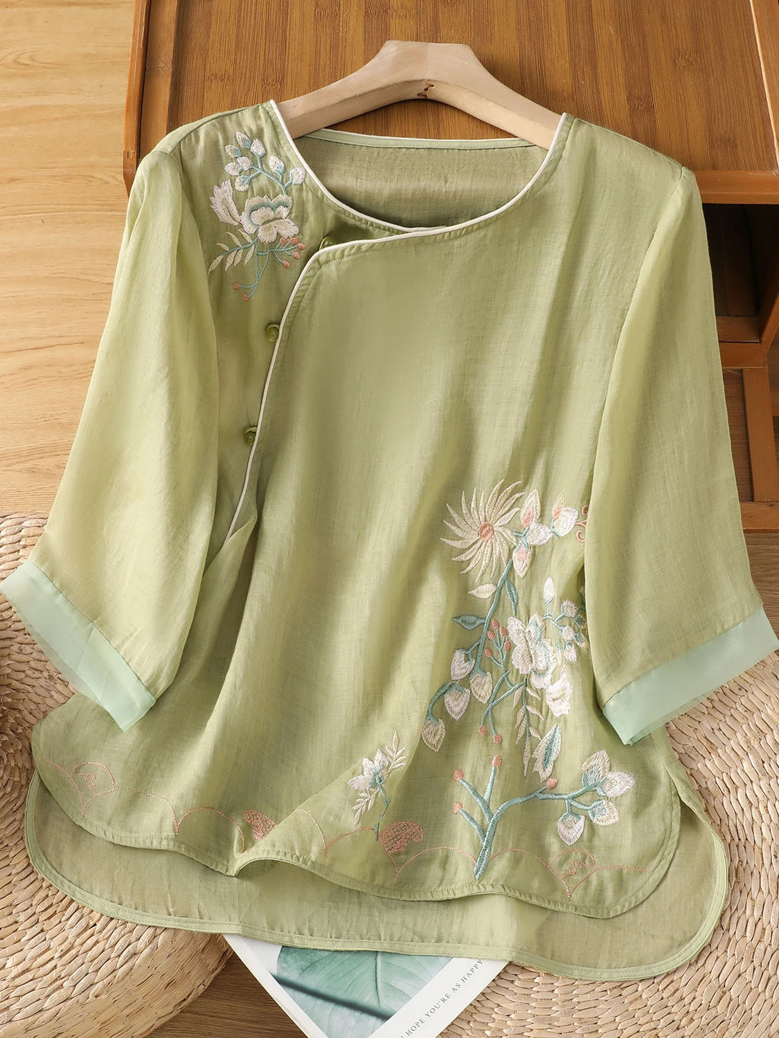 Artistic Embroidered Oversized round Ne Five-Quarter Sve Loose Slimming Top Summer Casual Cotton Blend Women's irt