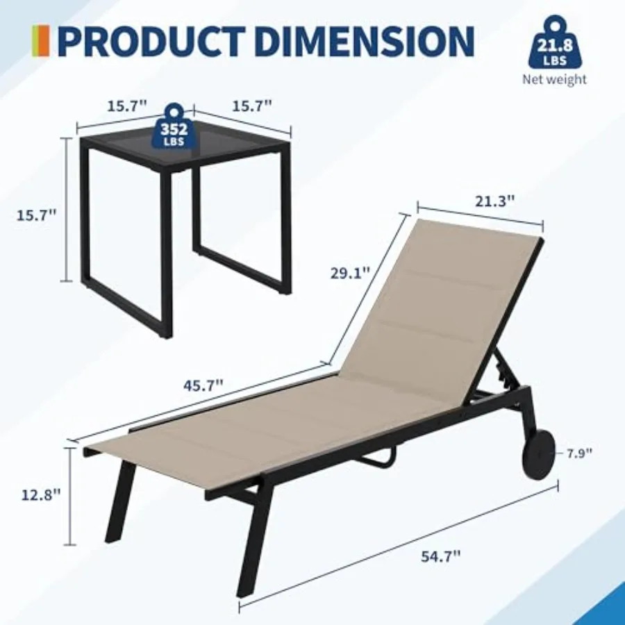 Outdoor Lounge Chairs with Wheels Adjustable Backrest Poolside Loungers Patio Chaise Lounge Chairs with Side Table S view 2