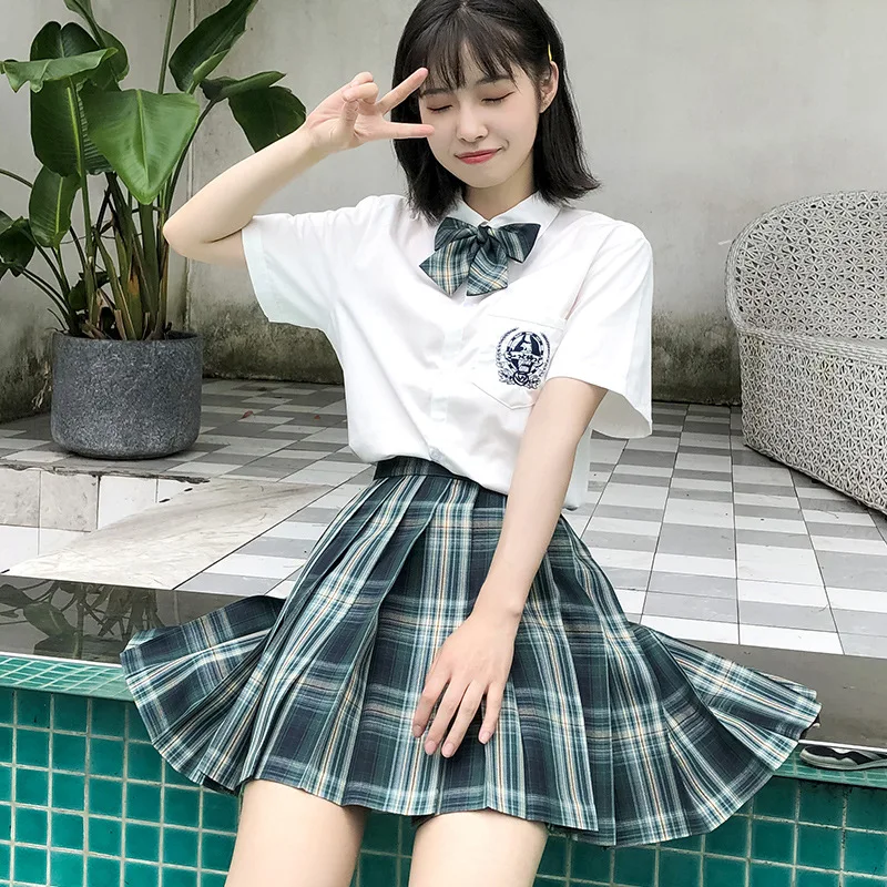 Korean and Japanese Jk Uniform Plaid Skirt Suit Gray Green High Waist Skirt College Style Pleated Skirt School Uniform Cosplay