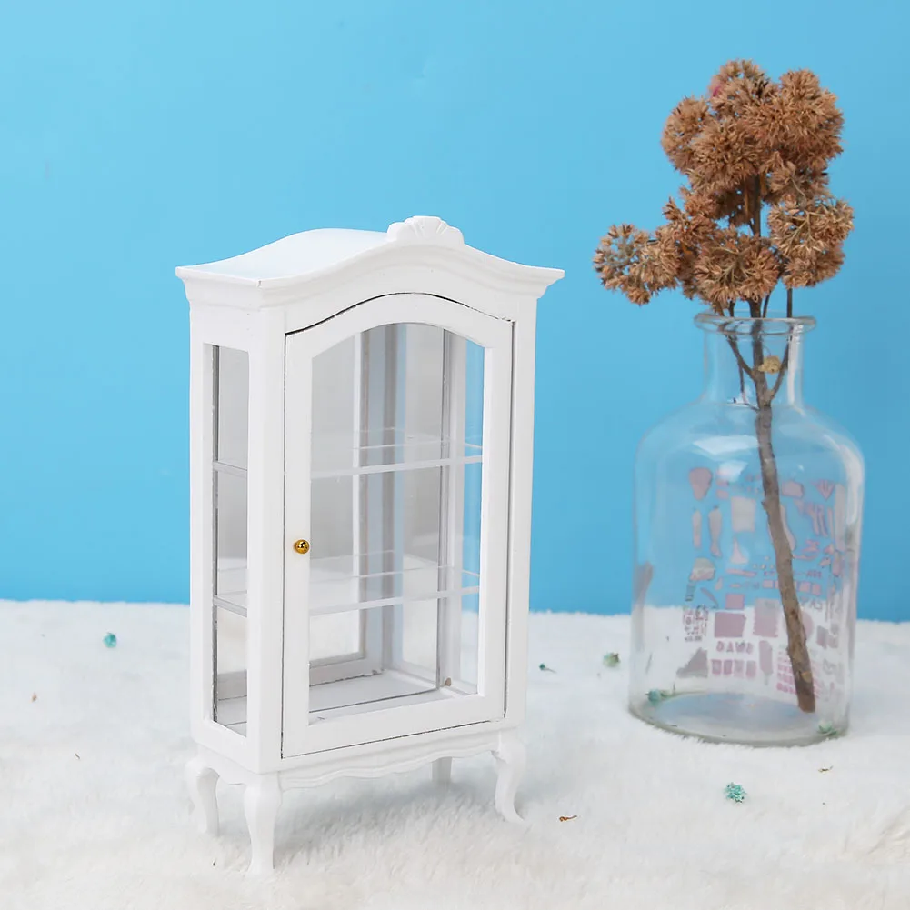 ZK30 1:12 Doll House Mini White Wooden Three Layers Transparent Window Display Cabinet for Dolls