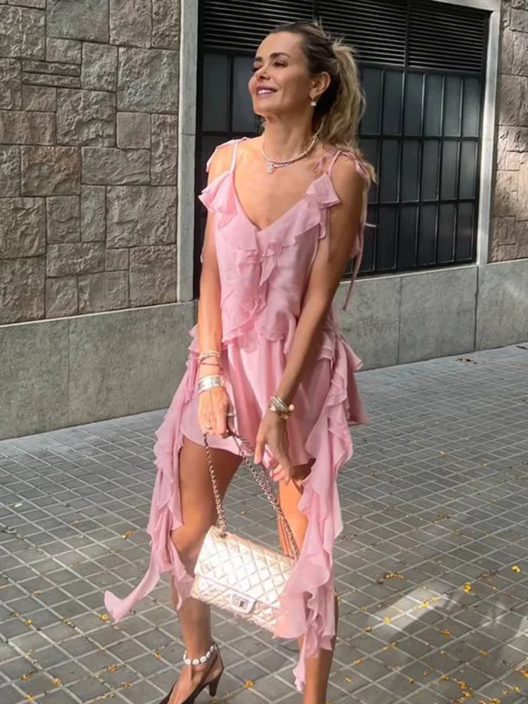 

Women Elegant Ruffle Ribbon Sling Top Chic V-neck Sleeveless Off-shoulder Lace Up Cropped Blouse 2026 Lady Vacation Beach Tops