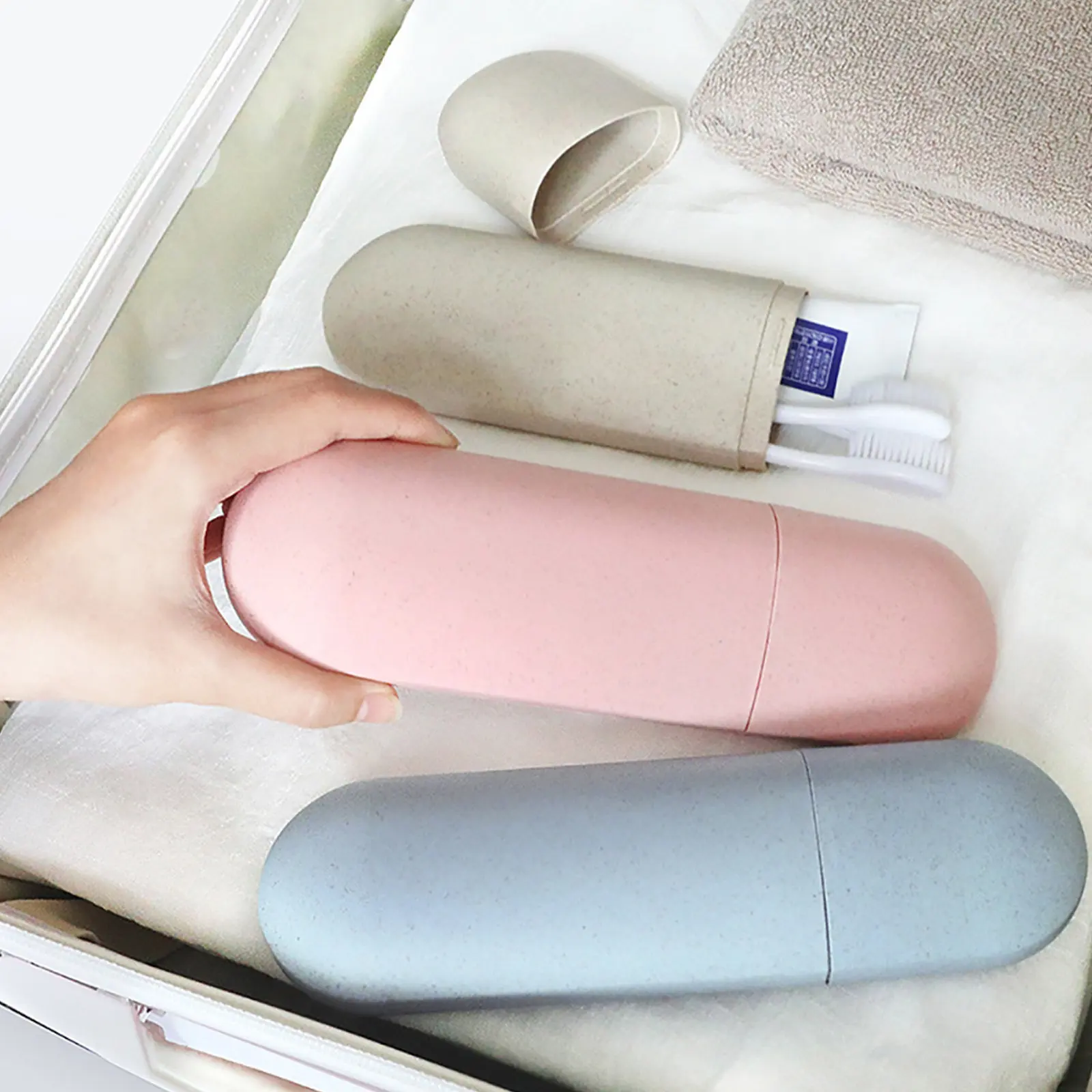 Toothbrush and Toothpaste Holder Portable Wheat Straw PP Case Nordic Beige Travel Storage Box Multipurpose Dental Tools Holder