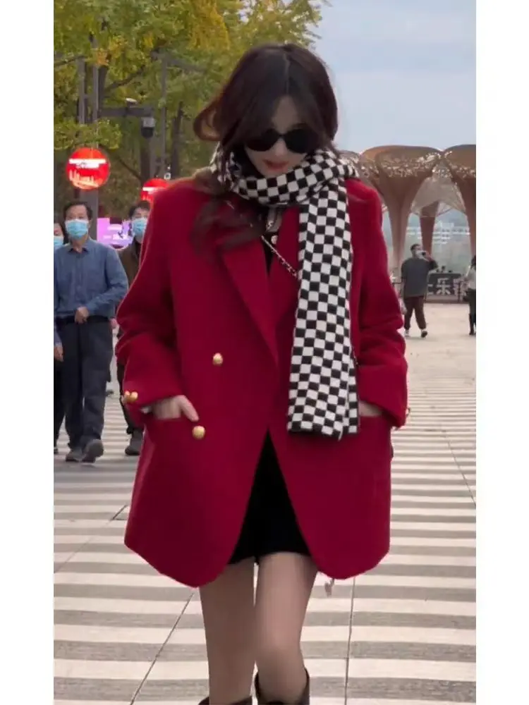 Christmas and New Year Battle Robe 2022 Autumn and Winter New Rich Heiress Mid-length Thickened Red Woolen Suit Coat for Women